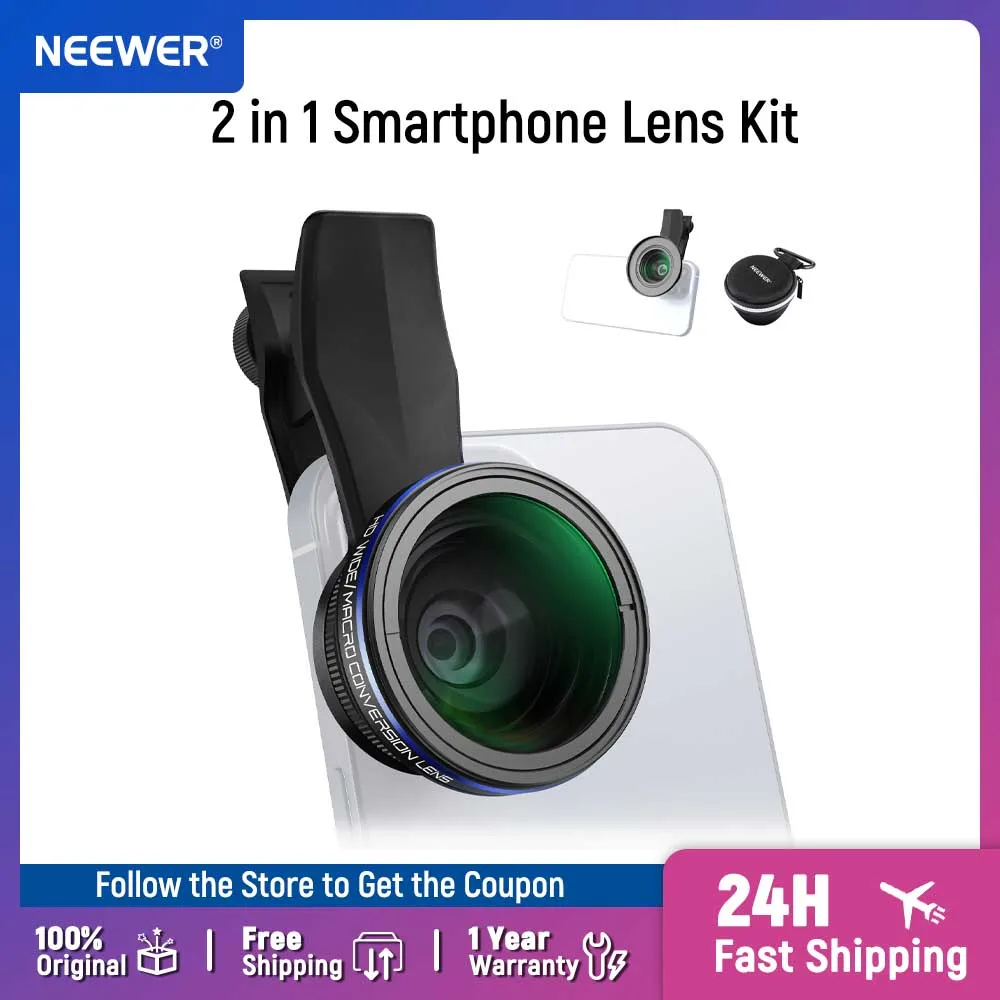 

NEEWER 2 in 1 Smartphone Lens Kit, 0.75x Wide Angle 2x Macro Phone Lens Compatible with iPhone Samsung Android Cellphone