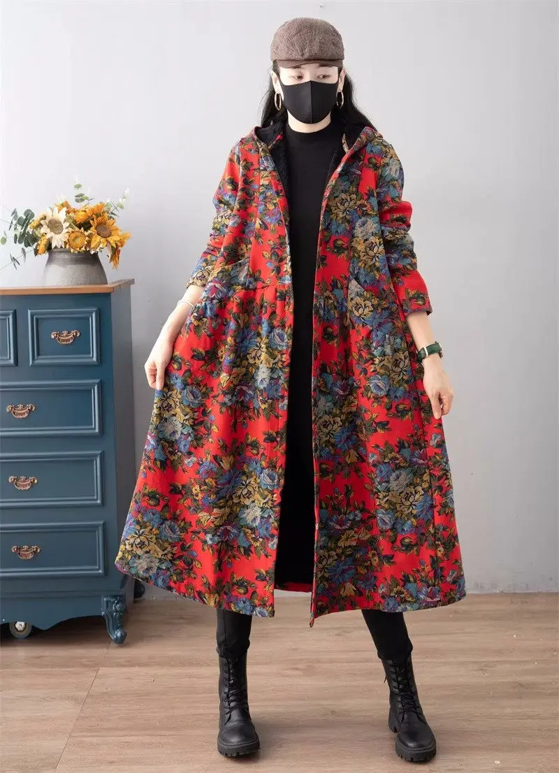 

Autumn Winter Vintage Printed Plush Jacket Hooded Windbreaker Women's Single Breasted Loose Large Size Cotton Padded Coat Z631