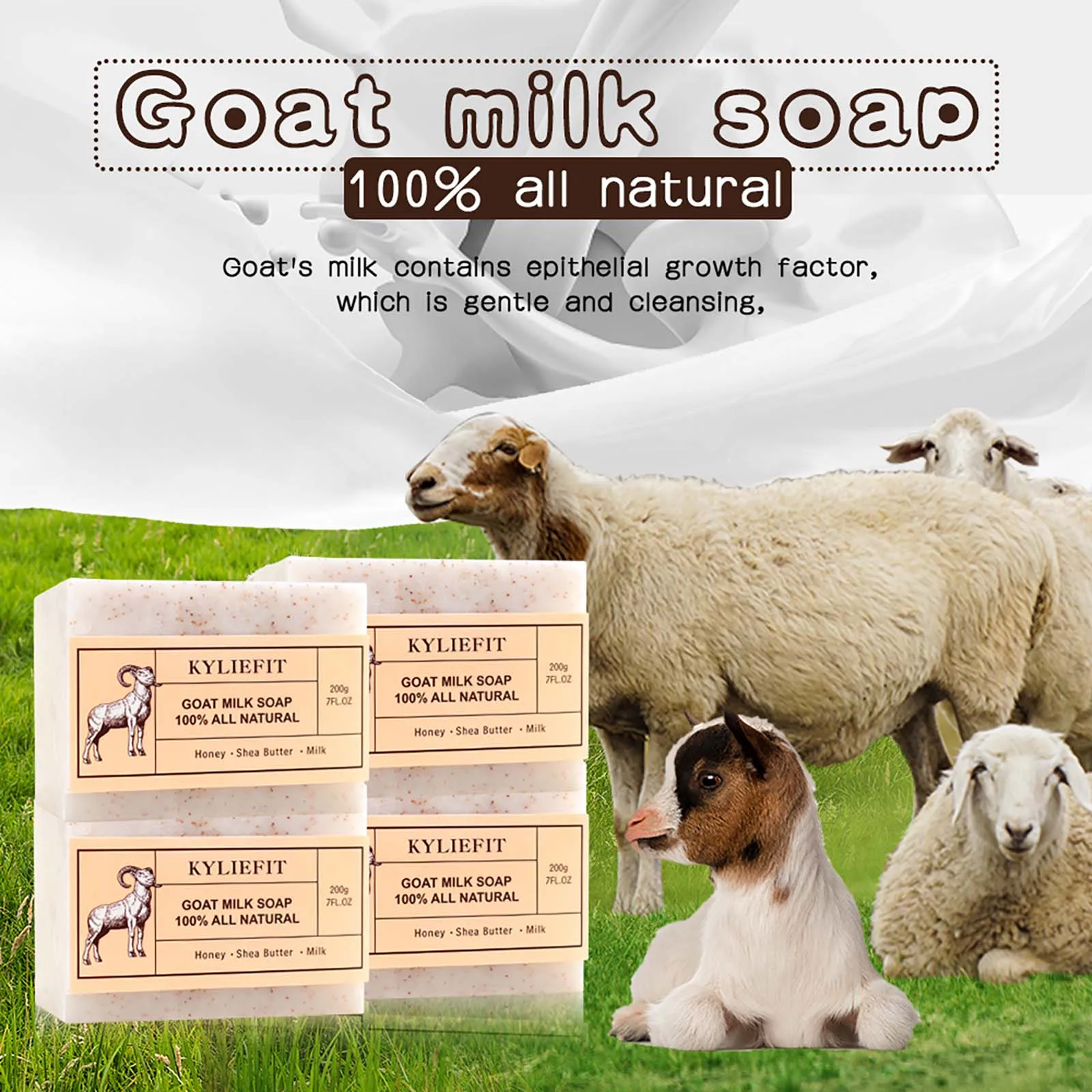 KYLIEFIT Goat Milk Soap Bar, 100% All Natural, Lightening, Cleaning, Moisturizing, With Honey, Shea Butter, Milk, 200g/ 7 oz