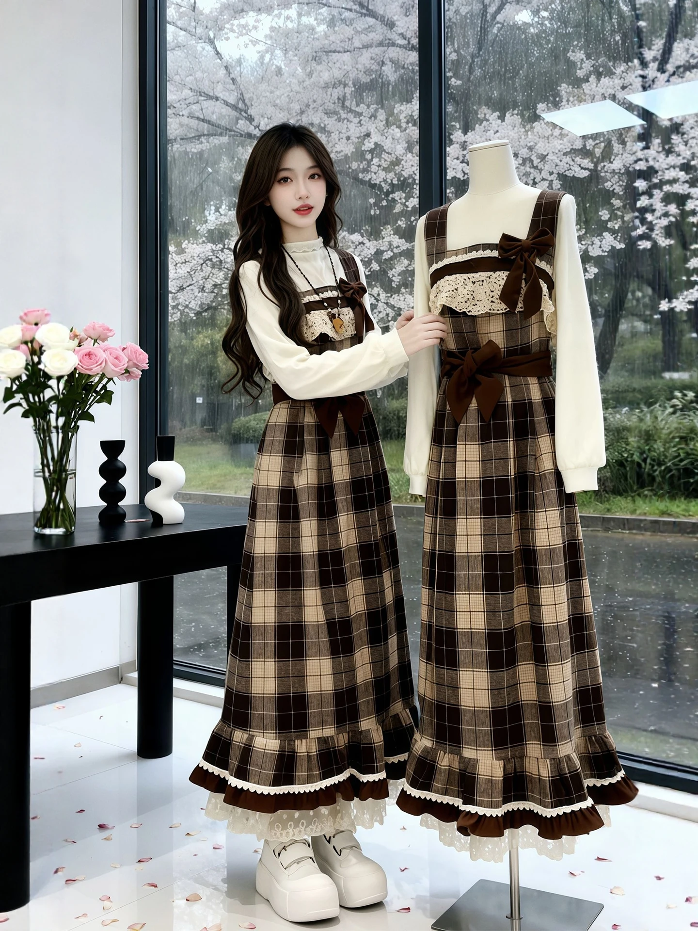 

plus Size Women's Spring Faion Set with Base irt And Plaid Skirt Vintage Two-Piece Suit Casual Sle High Waist Design