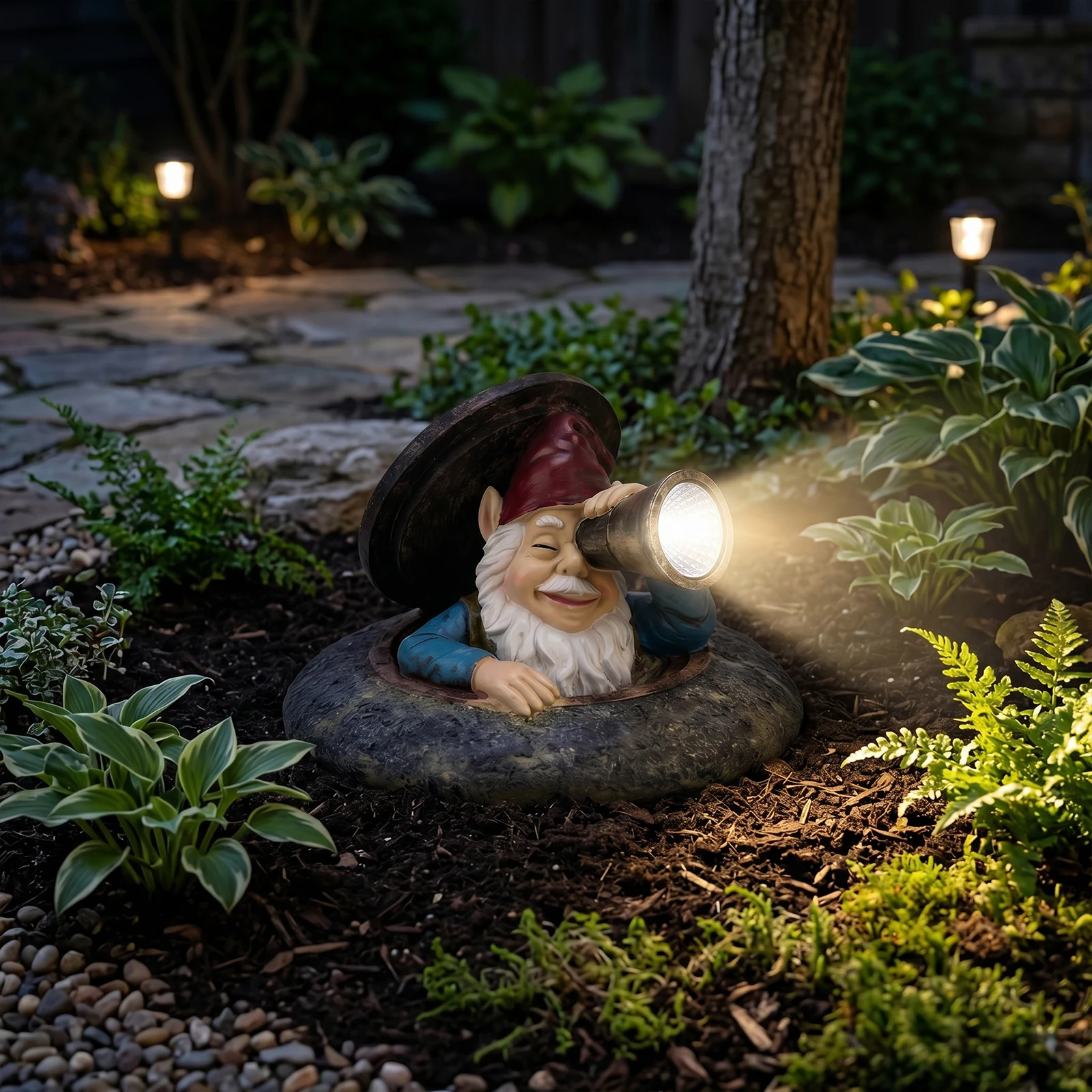Solar Funny Garden Ornament with Solar Light Cute Figurine Light Peeking From Manhole Cover Ornament Lamp for Yard Lawn Patio