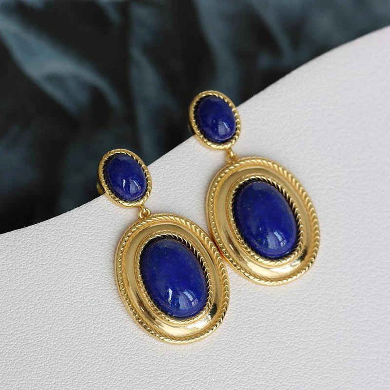 New design inlaid lapis lazuli oval hollow earrings exaggerated punk style retro ancient gold craftsmanship women's jewelry