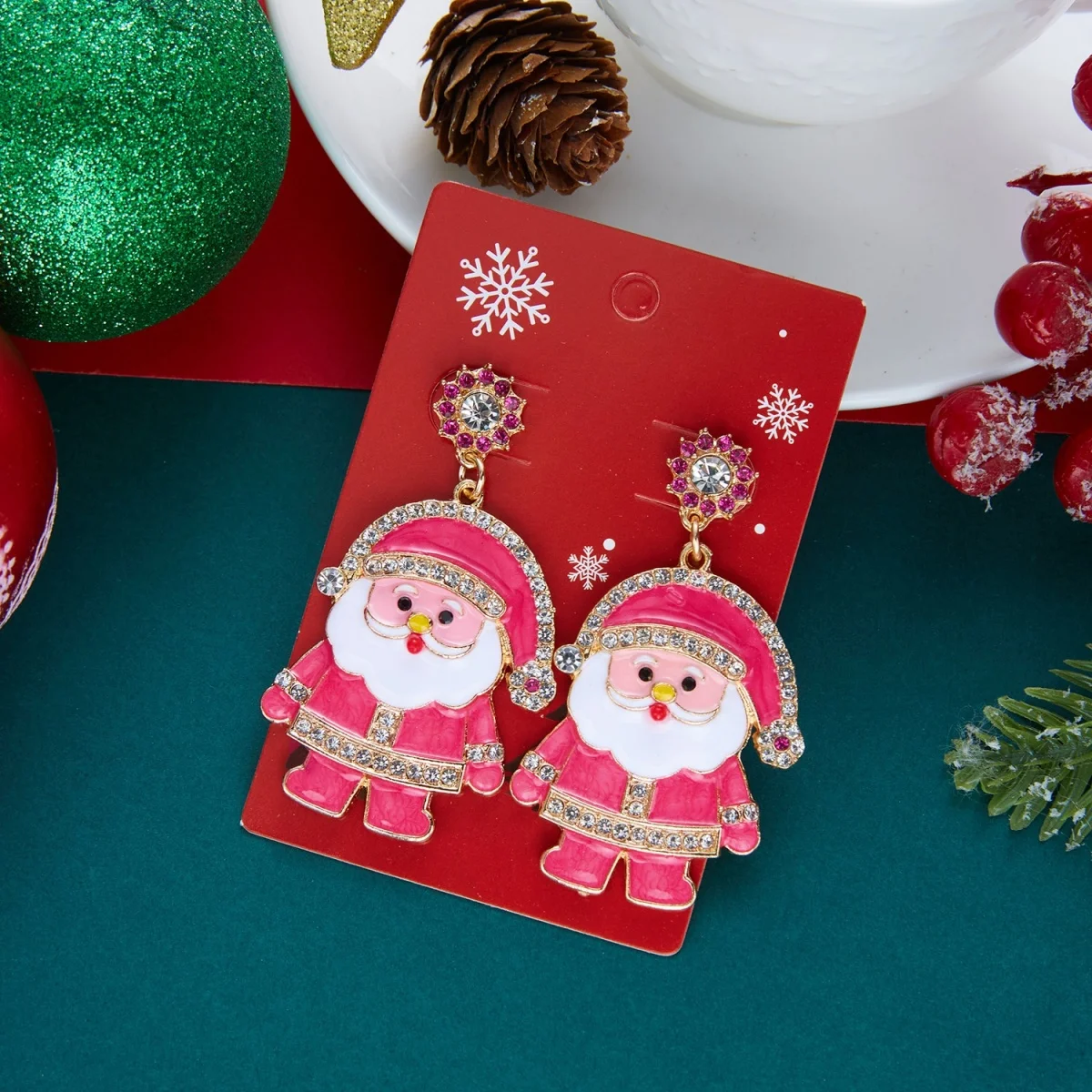 Strass-Ohrringe mit rosa Emaille-Weihnachtsmann-Anhänger für Damen, Weihnachtsschneemann, Lebkuchenmann, Krücke, Schneeflocken-Ohrringe, Schmuck – Detail 19