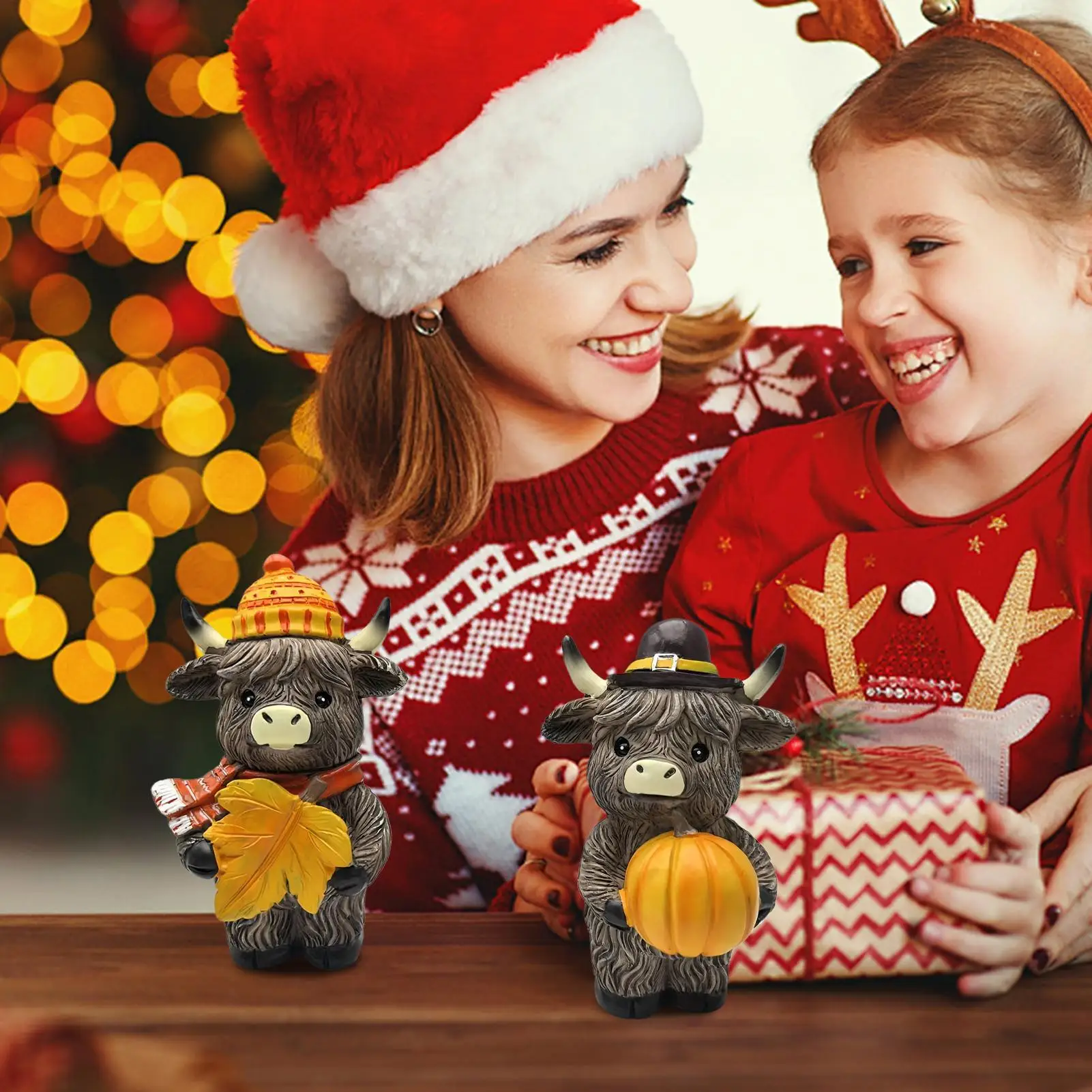 Fall Highland Cow Figurine Highland Cattle Figurines Autumn 2 Pieces Rustic Cow Statue for Desktop Bookshelf Fireplace Dining