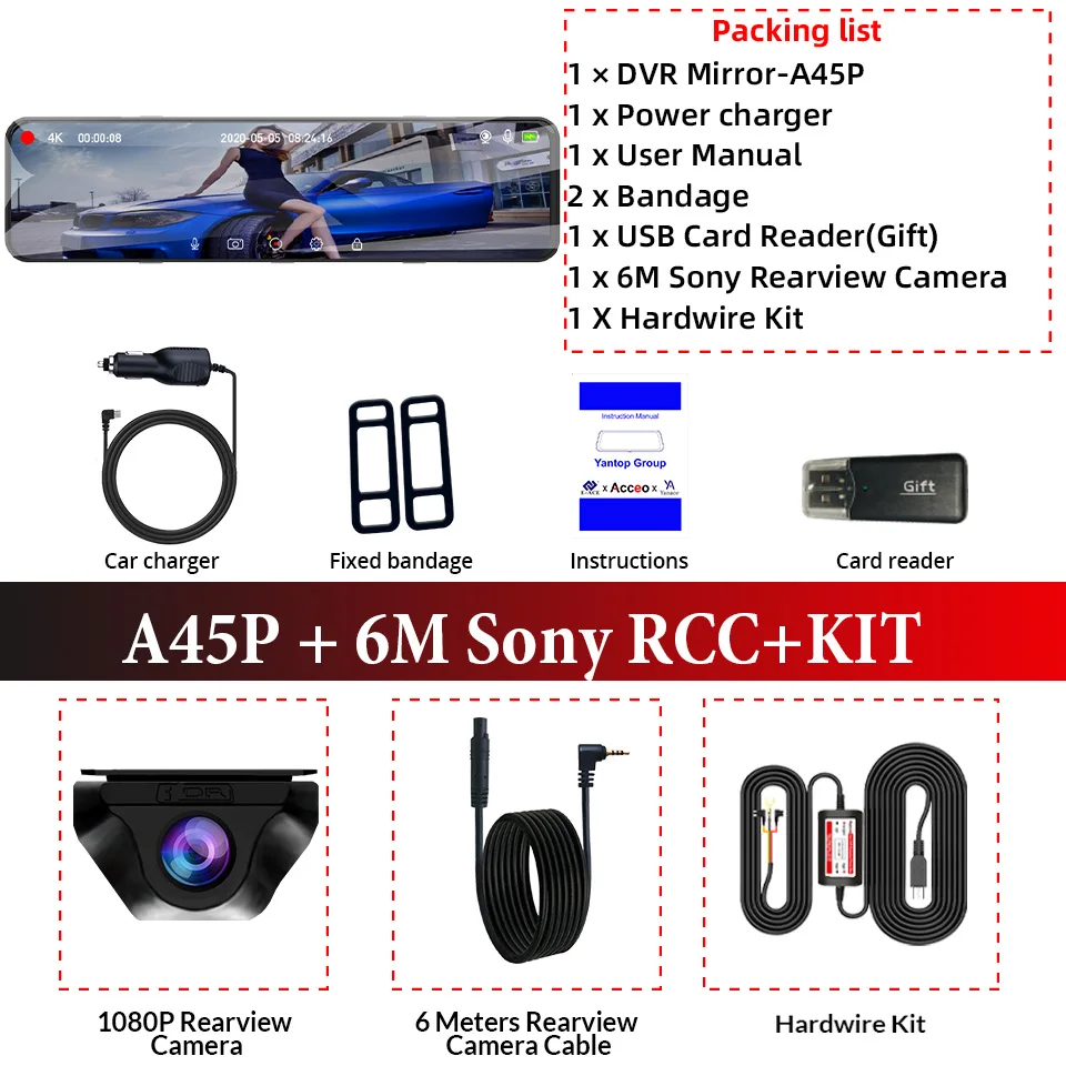 ACCEO 4K WIFI Dashcam 12Inch Auto DVR Achteruitkijkspiegel Recorder Dash Cam Ondersteuning 1080P Sony Black Box Achteruitrijcamera Acesssories