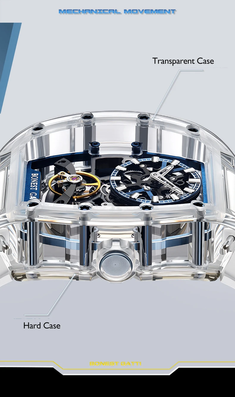 Bonest gatti relógio automático masculino de luxo 45mm caixa tonneau relógio de pulso mecânico esqueleto safira luminosa pulseira de borracha fluorada