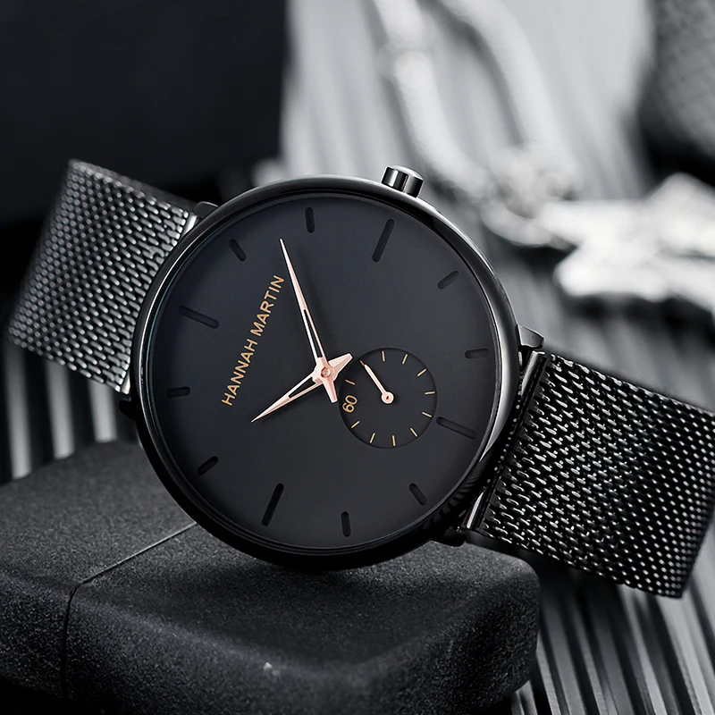 Hannah Martin Fashion Men Stainless Steel Watch Timing Small Dial Business Black Rose Gold Quartz Movement Men Casual Gift Watch