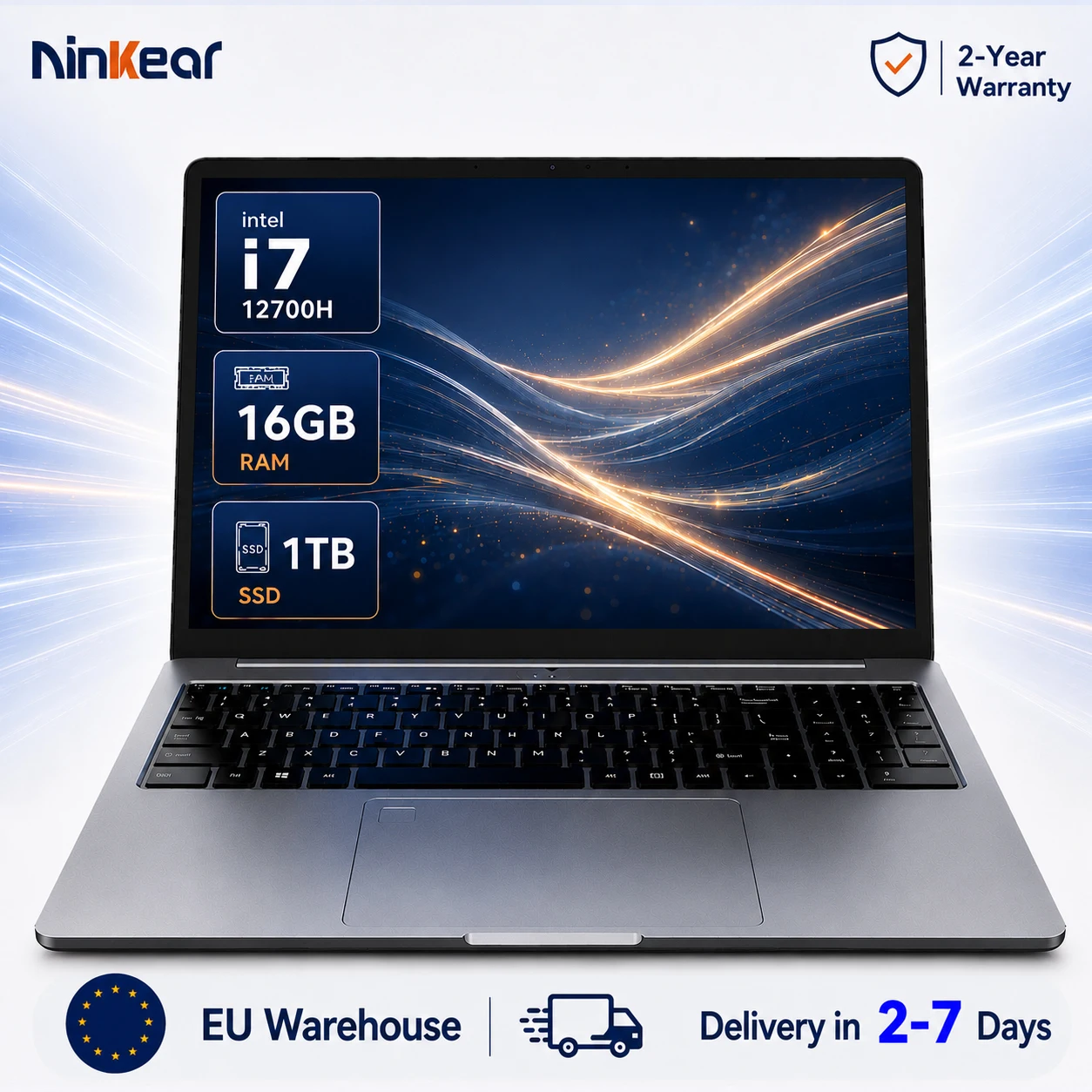 Ninkear N16 Pro 16 inch laptop, Intel Core i7-12700H, 16GB RAM, 1TB SSD, 2.5K 120Hz scherm, WiFi 6, vingerafdruksensor, verlichte toetsenbord, snelladen, dunne notebook voor kantoor, gaming, zakelijk gebruik, EU-stekker.