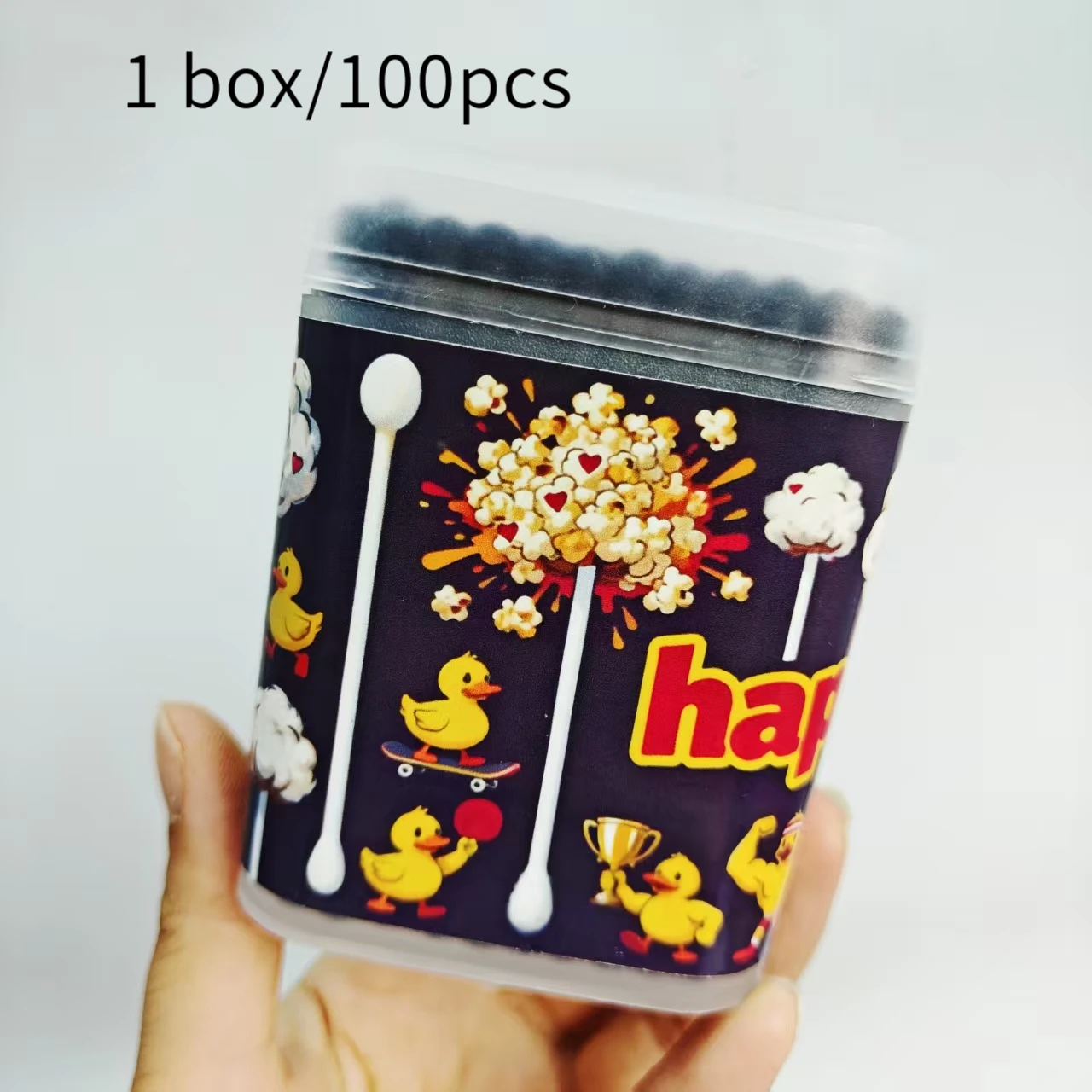 성인용 작은 노란색 오리 모양의 양면 면봉 300개, 창의적인 작은 노란색 오리 요소 검정색 면봉 스틱