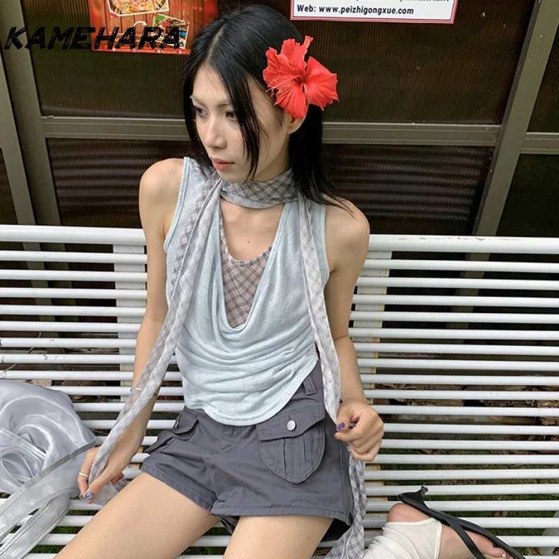 

KAMEHARA Japanese Y2k Niche Design Scarf Sleeveless Vests Korean Fashion 90s Summer Hot Girl Fake Two-piece Patchwork T-Shirts
