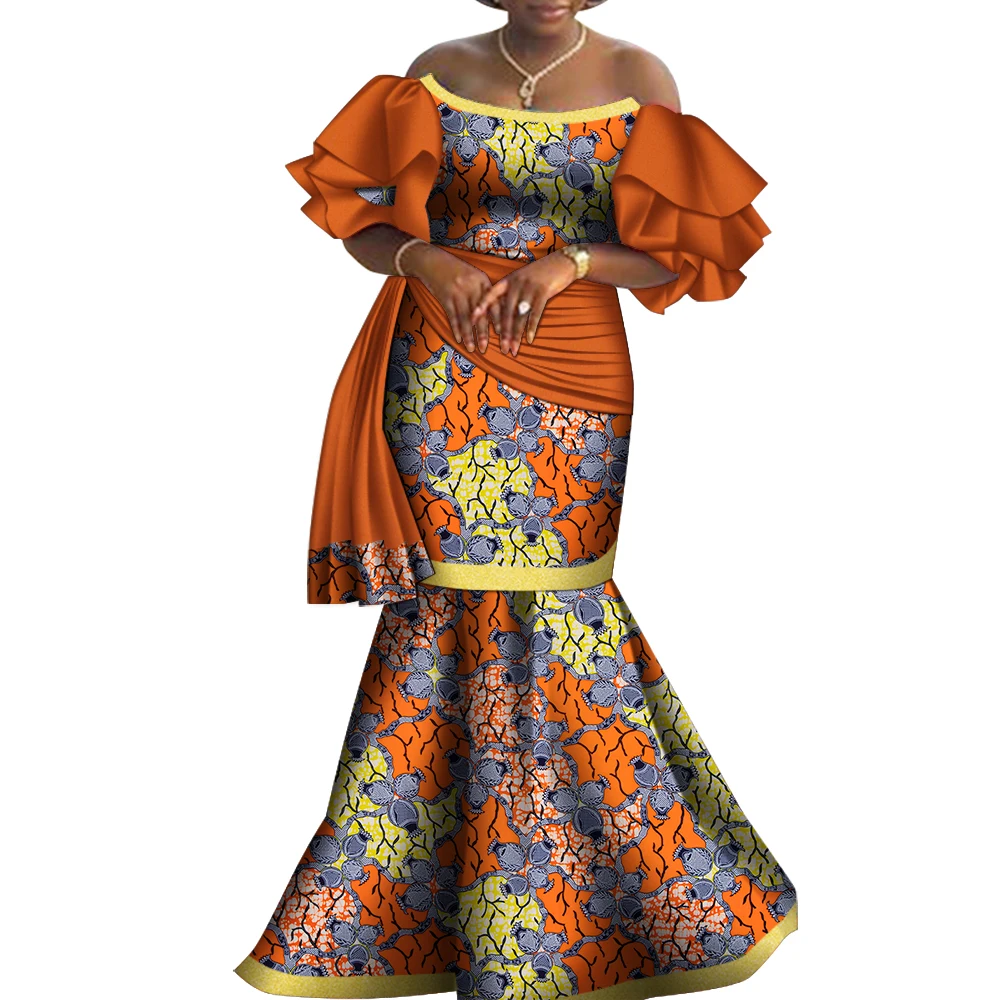

Bintarealwax вечернее платье с открытыми плечами Dashiki, элегантная одежда в африканском стиле для женщин, платья длиной до пола без бретелек WY8794