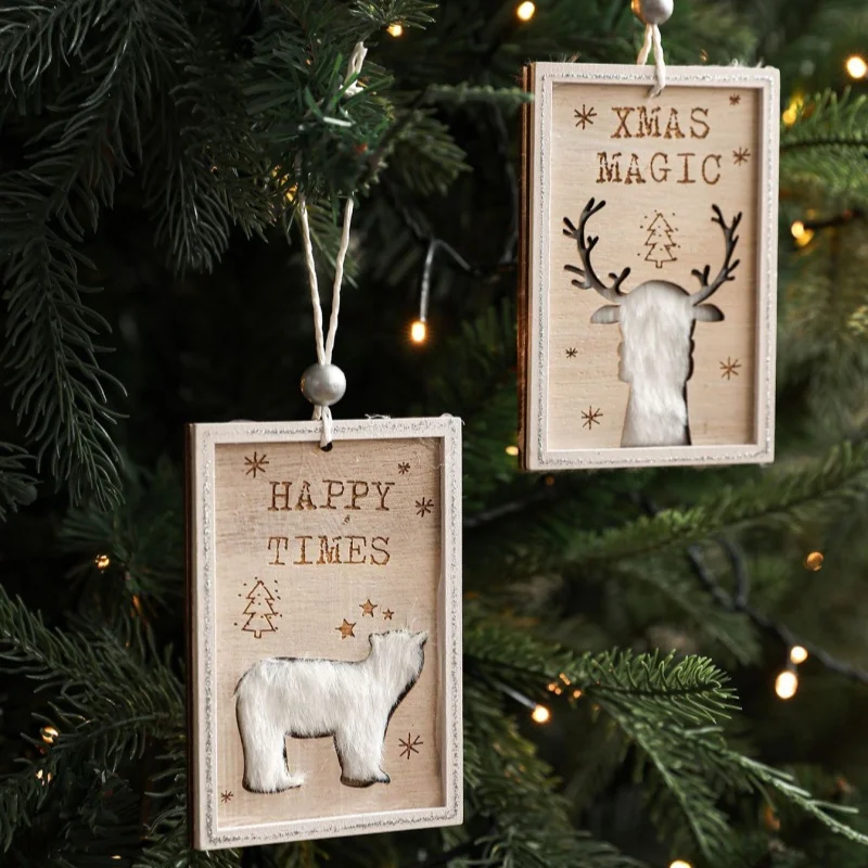 

New Wooden Sign Pendant Hollow Plush Square Printing Christmas Tree Decoration Hanging Decoration Elk Scene Arrangement