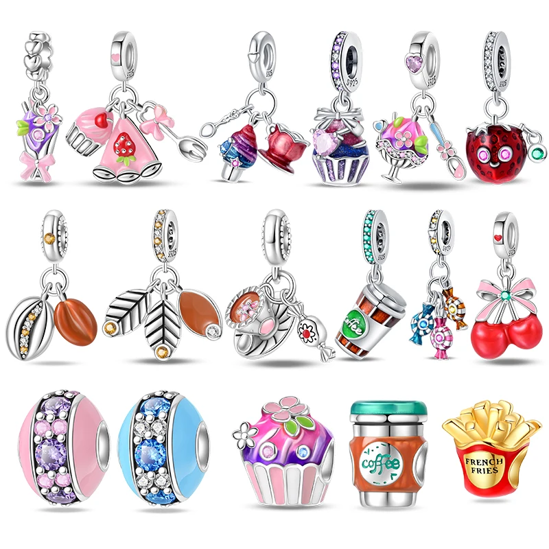 

925 Sterling Silver Little Bear Soft Candy Coffee Strawberry Cake Afternoon Tea Charms Beads Fit Pandora Bracelets DIY Jewelry