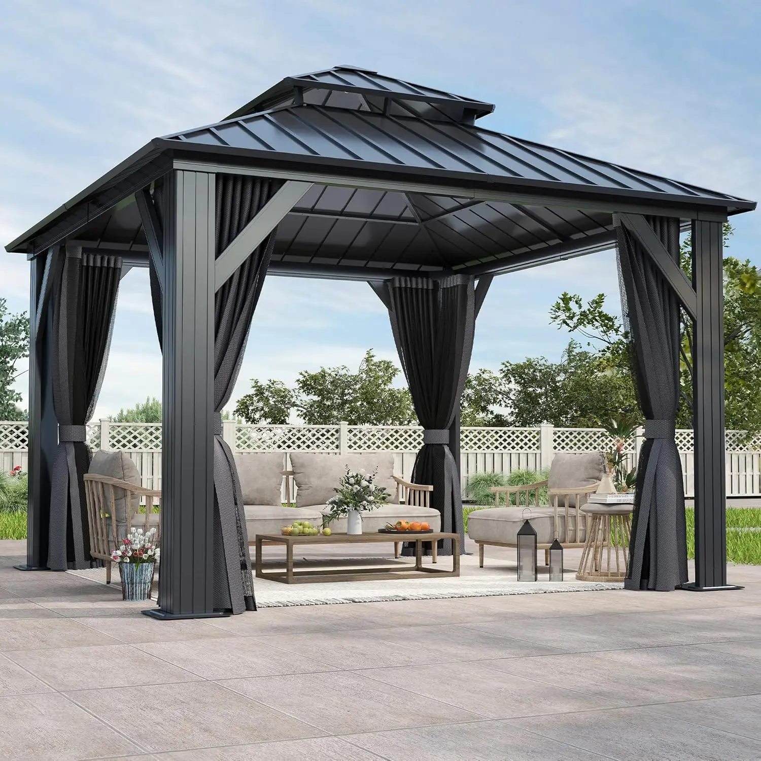 

10x10FT Outdoor Hardtop Gazebo with Double Roof - Heavy-Duty Galvanized Steel Top Aluminum Frame Gazebo with Breathable