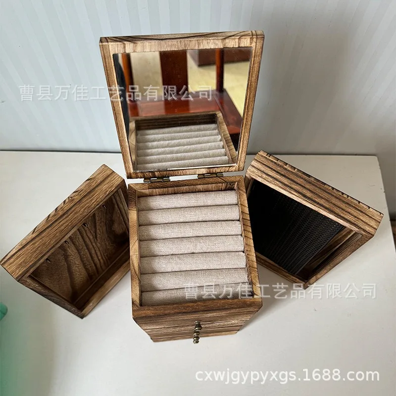 

Wooden jewelry box Multi-layer retro jewelry storage box with transparent cover jewelry rack Wooden ringDurable furniture