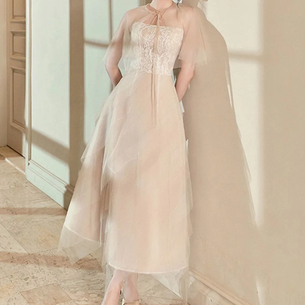 Customized High Quality Organza A-Line Evening Dress Delicate Floor Length Half Sleeves Crew neck vestidos de fiesta