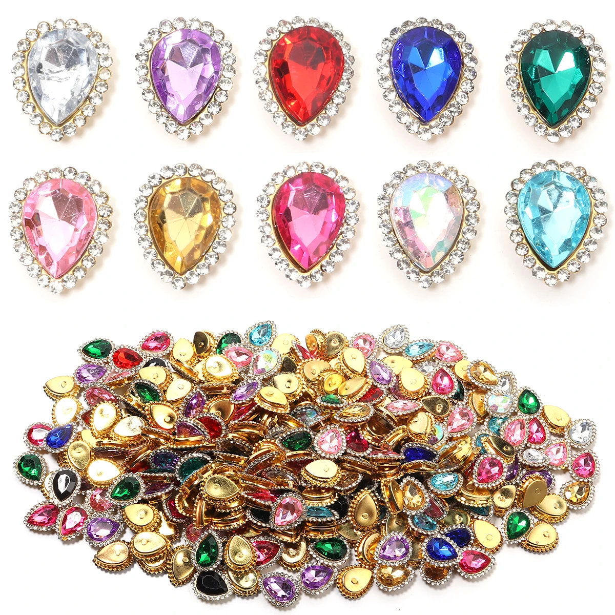 20Pcs/Lot Iron Gold Bottom Pointed Water Droplet Shaped  Double-Layer Sunflower Crystal Stones Hand Sew Drill