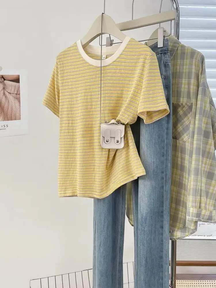 American Retro Striped Color Block Short Sleeve T Shirt Women Summer Loose Slimming Lazy Style Top Casual Fashion Cotton