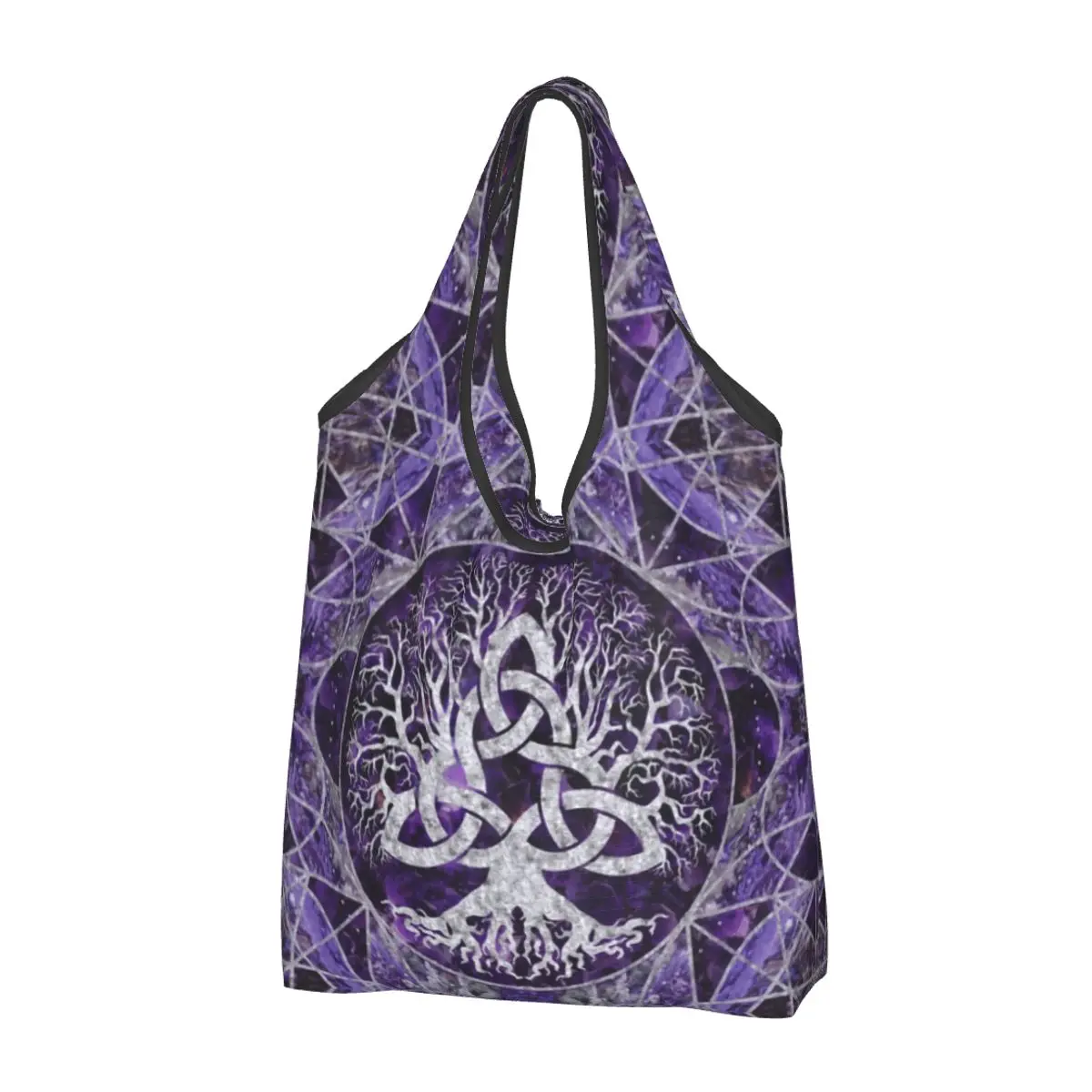 Custom Funny Print Tree Of Life With Triquetra Tote Shopping Bags Portable Shoulder Shopper Amethyst and Silver Viking Handbag