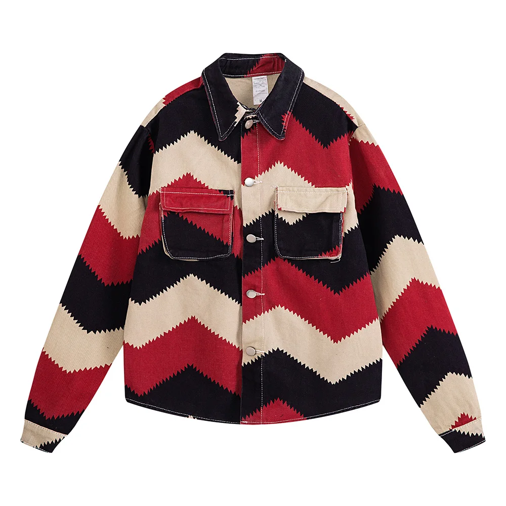 

Мужская джинсовая куртка с принтом в полоску, Повседневная Свободная рубашка с длинными рукавами, уличная верхняя одежда с карманами