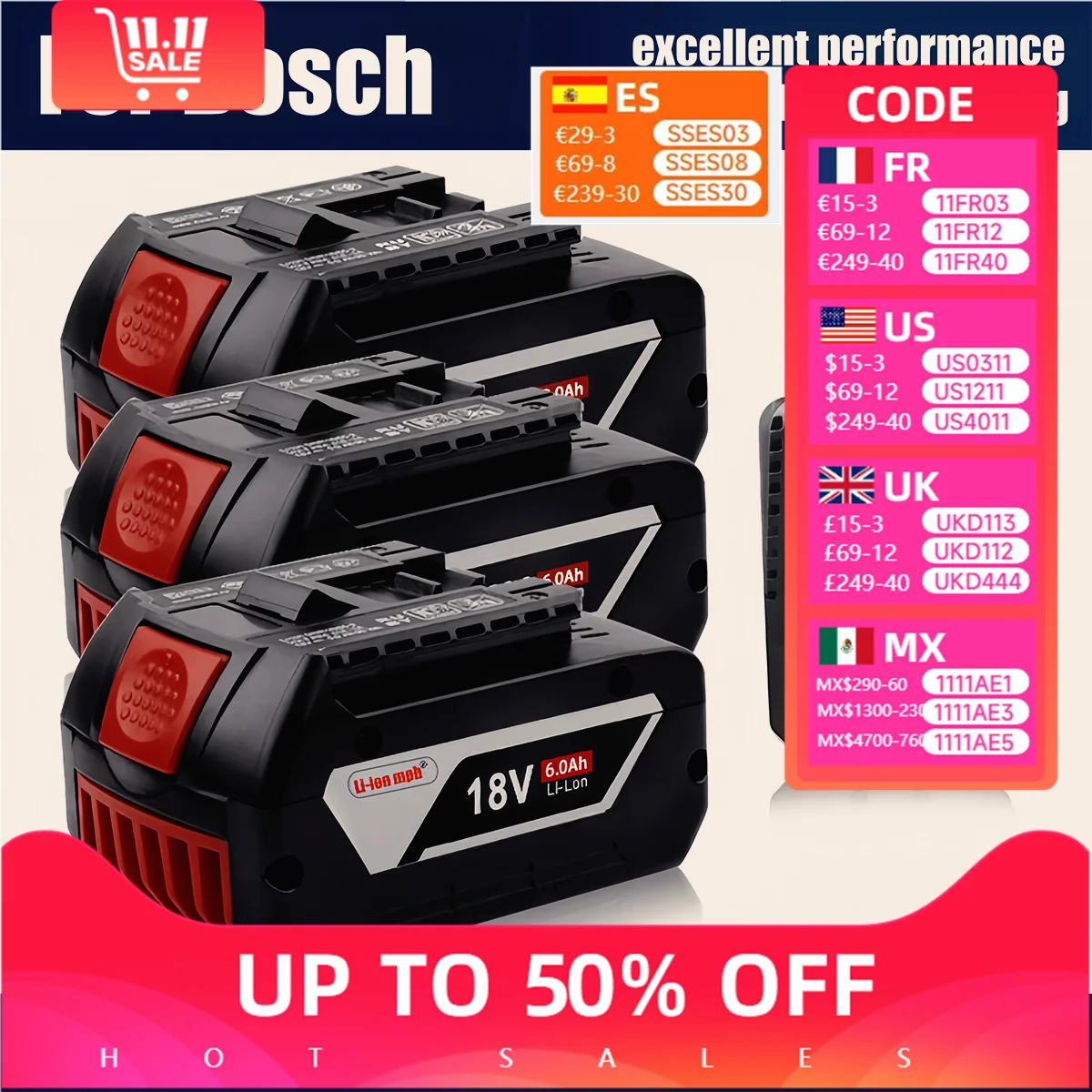

100% For BOSCH 18V battery，Original Lithium Battery BOSCH Battery Pack 4.0-5.0-6.0AH Tool Rechargeable Battery 18650.00