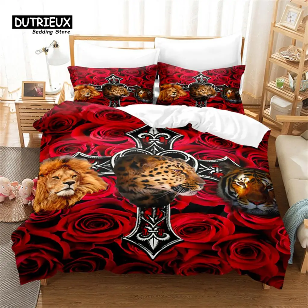 

Red Rose, Animal Duvet Cover Set, Lion Tiger Bedding Set, Soft Comfortable Breathable Duvet Cover, For Bedroom Guest Room Decor