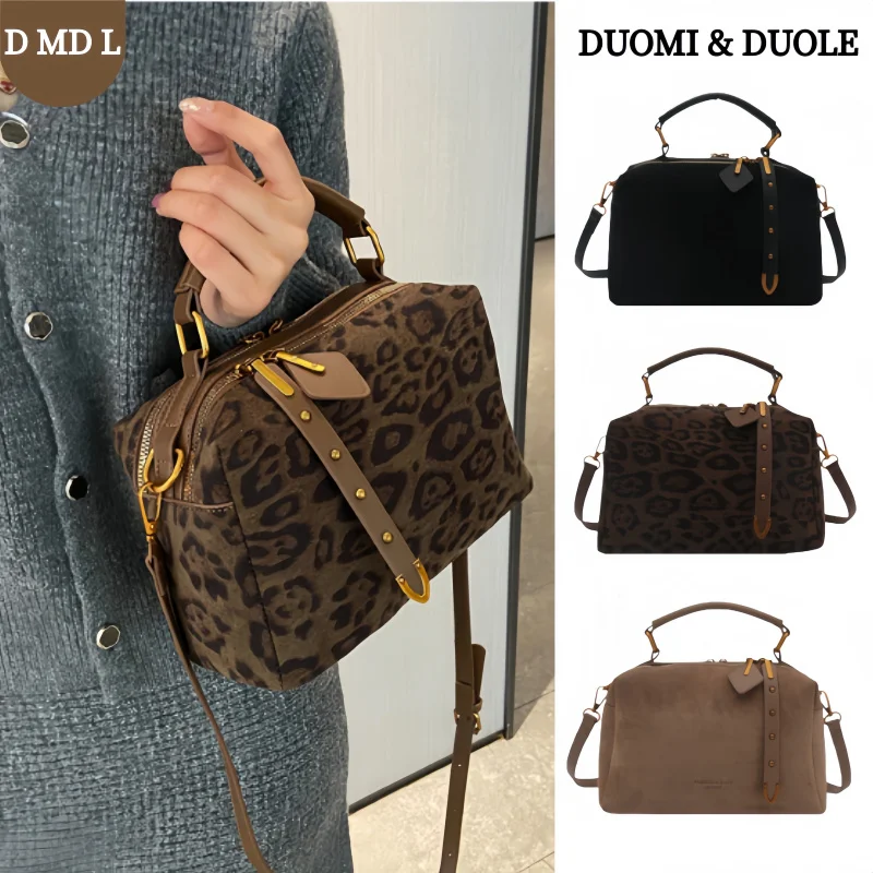 

2026 Spring Retro Fashion Faux Suede Leopard Print Boston Bag Women's Metal Buckle Rivet Strap Multi-Way Daily Casual Bag Ready