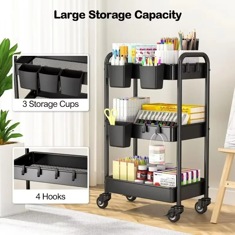 

Metal Utility Cart, Mesh Rolling Storage Cart Organizer Rack, Easy to Assemble for Kitchen Office