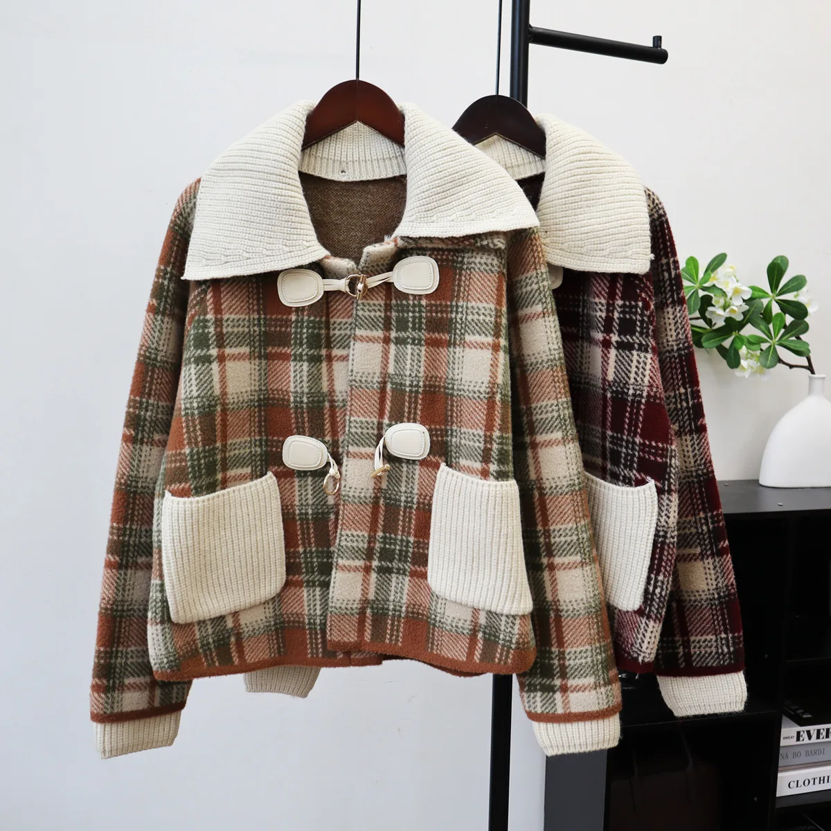 

Cardigan Women Coats Sweaters Plaid Turn Down Collar Wool Coat Y2k Streetwear Elegant Splice Knit Open Stith Autumn Winter