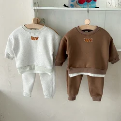 Winter Infan Baby Outfits Boy Girl Sets Velvet Cartoon Little Bear Print Cotton Long Sleeve Tops+Pants Baby Children Clothing