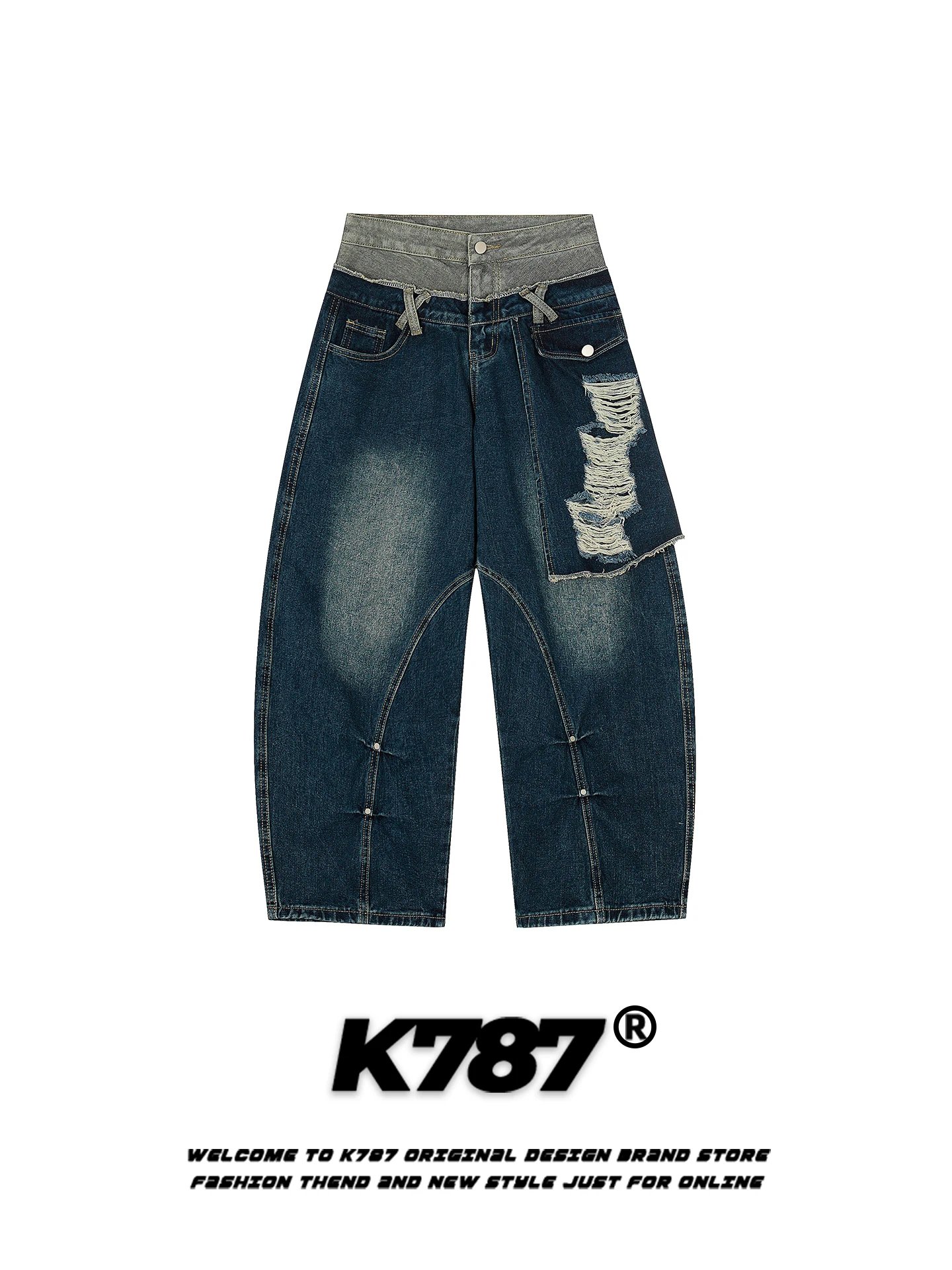 

American Retro K787 High Waist Wide Leg Jeans Men Women Loose Fit Torn Splicing Knife Double Waist Head Denim Pants