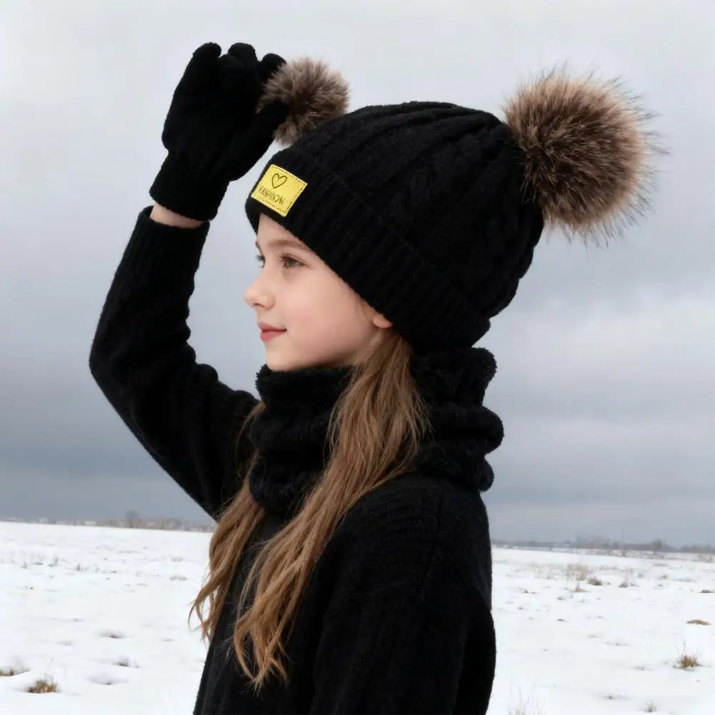 دافئ الاطفال الشتاء قبعة قفازات الاطفال الشتاء طقم قبعات الاطفال الشتاء قبعة وشاح قفازات مجموعة مع أفخم بوم بومس الدافئة محبوك الصوف بطانة #4