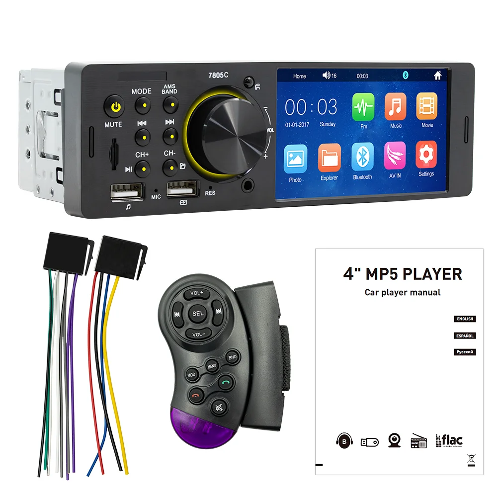 Carro Touch Screen Bluetooth Rádio, Handsfree MP5 Player, Carregamento USB, Sistema de Áudio Remoto, ISO Head Unit, 1 Din, 4 