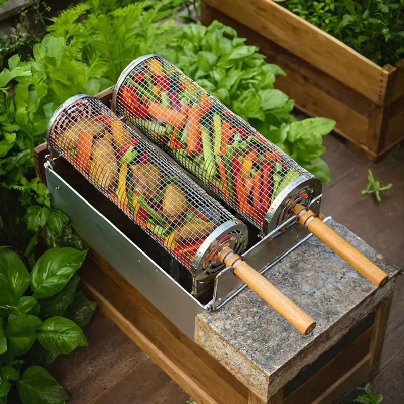 Rolling BBQ Cage Outdoor Stainless Steel   BBQ Mesh  Tools