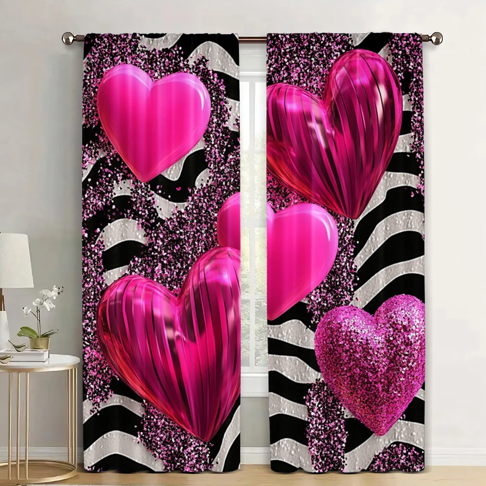 2Pcs Love Heart Romantic Pattern Print Curtains For Living Room Bedroom And Study Polyester Home Decor Curtains