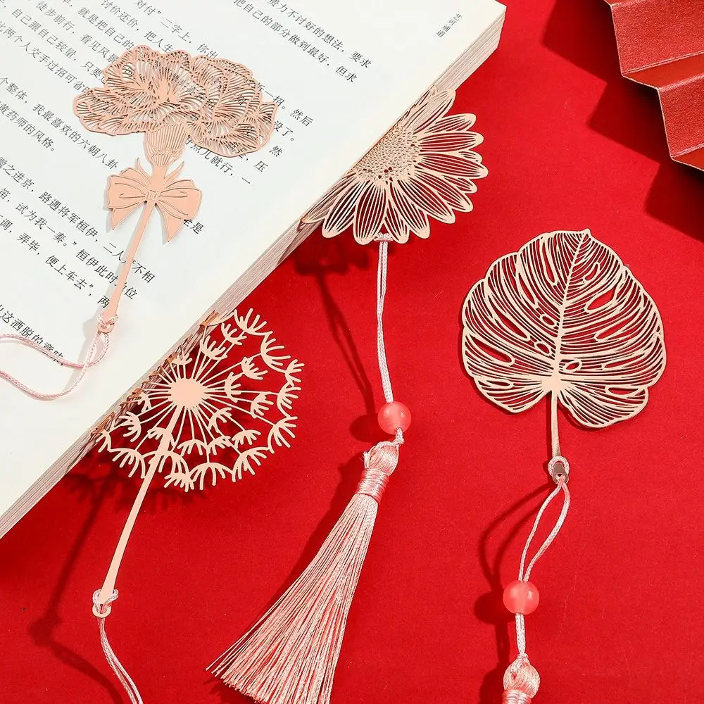 Löwenzahnblüten-Blatt-Lesezeichen im chinesischen Stil, Sonnenblumen-Schreibwaren, Metall-Hohl-Lesezeichen, Lese-Geschenk, Hohl-Quasten-Lesezeichen