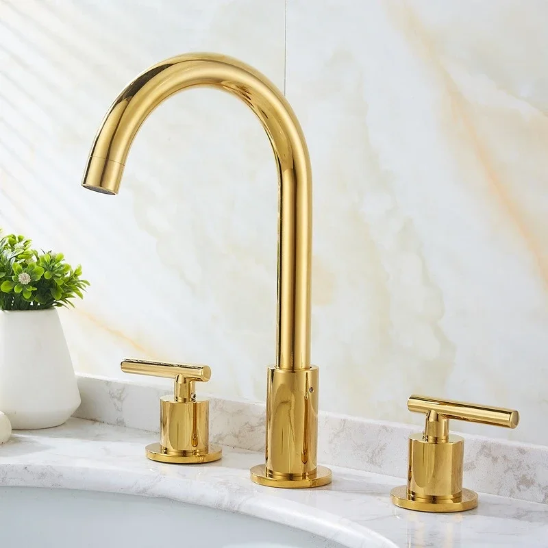 Three-hole basin mixer tap with separate hot and cold taps Sink unit with vanity cabinet Full brass minimalist design