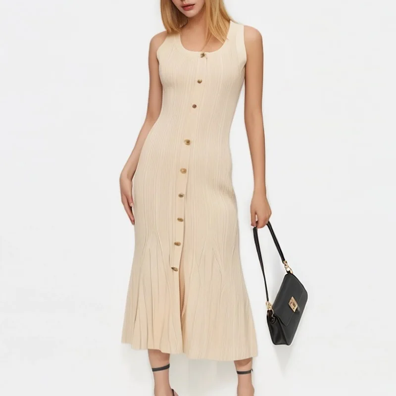 

2025 Summer New Solid Women Knitted Cotton Dress Fashion Sleeveless Mermaid Dress