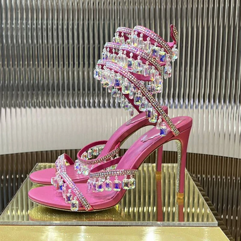 

Tassels Rhinestone Decor Thin High Heels Sandalias Women Ankle Snake Shaped Strap Entanglement Sandals Summer Dress Shoes Pumps