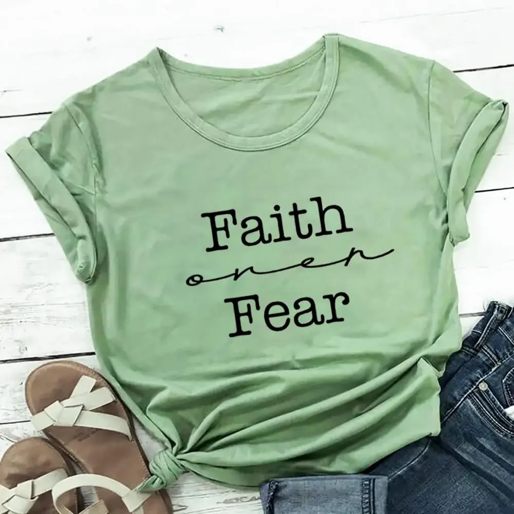 Y2k Short Sleeves Sunmmer T Shirt Faith Over Fear Christian Shirts Cotton Women Tshirt Unisex Summer Casual Short Sleeve Top