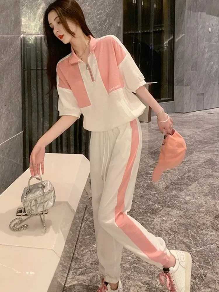 Pink Trousers Woman Tracksuit Cotton Sport Baggy Pant Sets for Women 2 Pieces Sweatshirt with Sleeve Fashion Clothing 2024 Trend