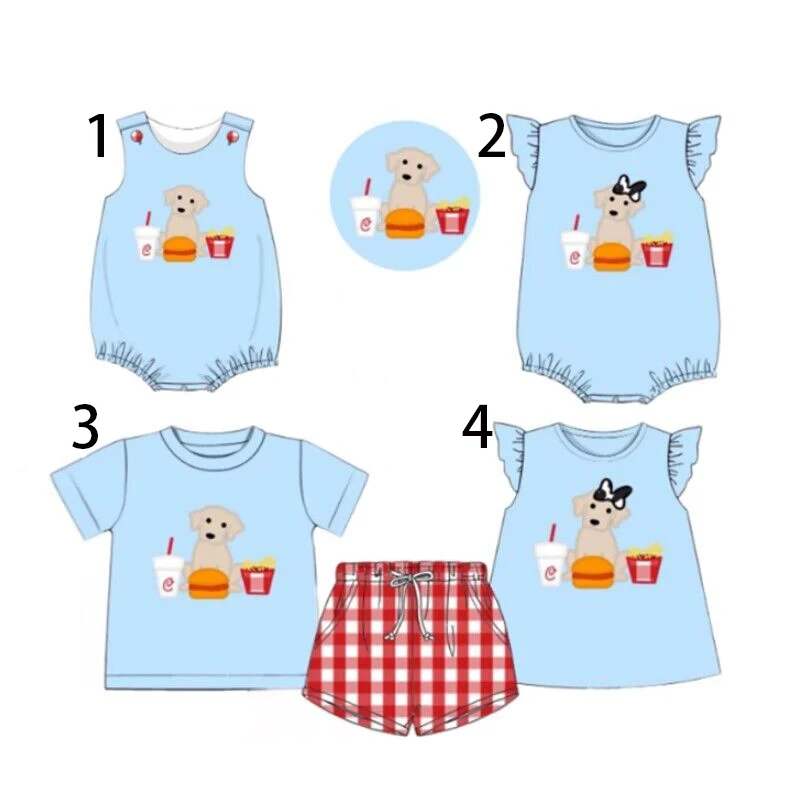 Hot wholesale sale Boys and girls clothes Dog burger drink print Short short sleeve onesie series baby clothes