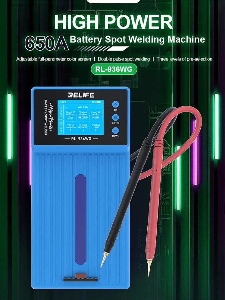 

Double Pulse Battery Spot Welding Machine with Color Screen RELIFE RL-936WG High Power 650A Three Levels Spot Welder