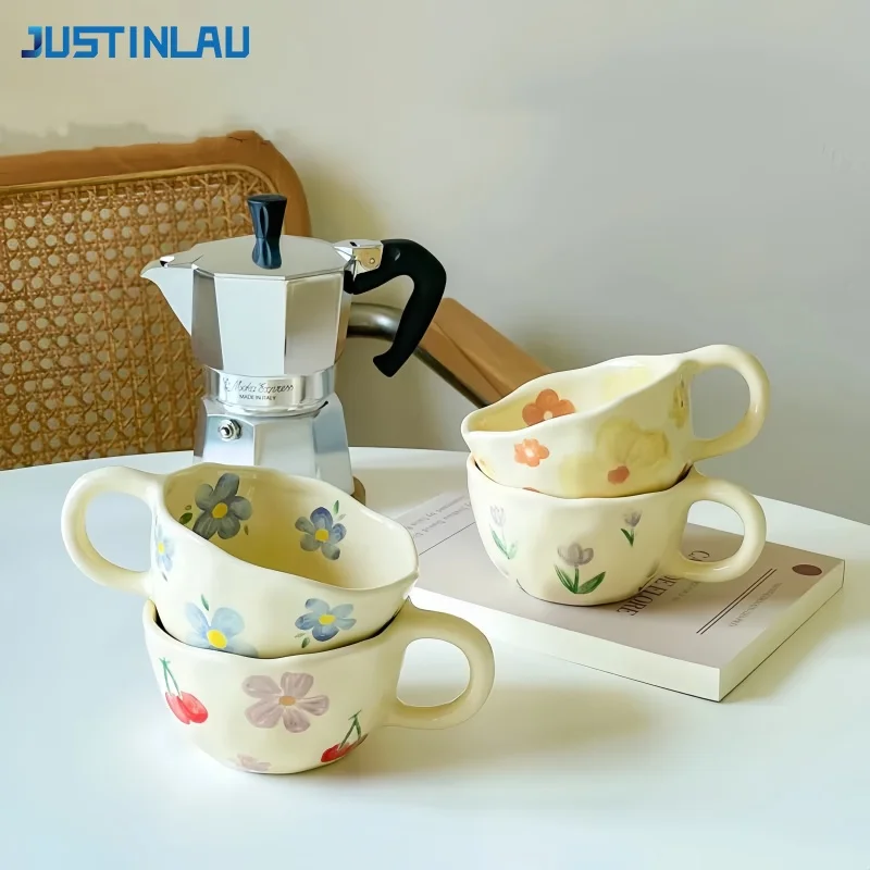 JUSTINLAU Handgeformte Unregelmäßige Blumen-Keramikbecher Kaffeetassen Milchtee-Tasse Ins Koreanischer Stil Haferflocken-Frühstücksbecher Trinkgeschirr