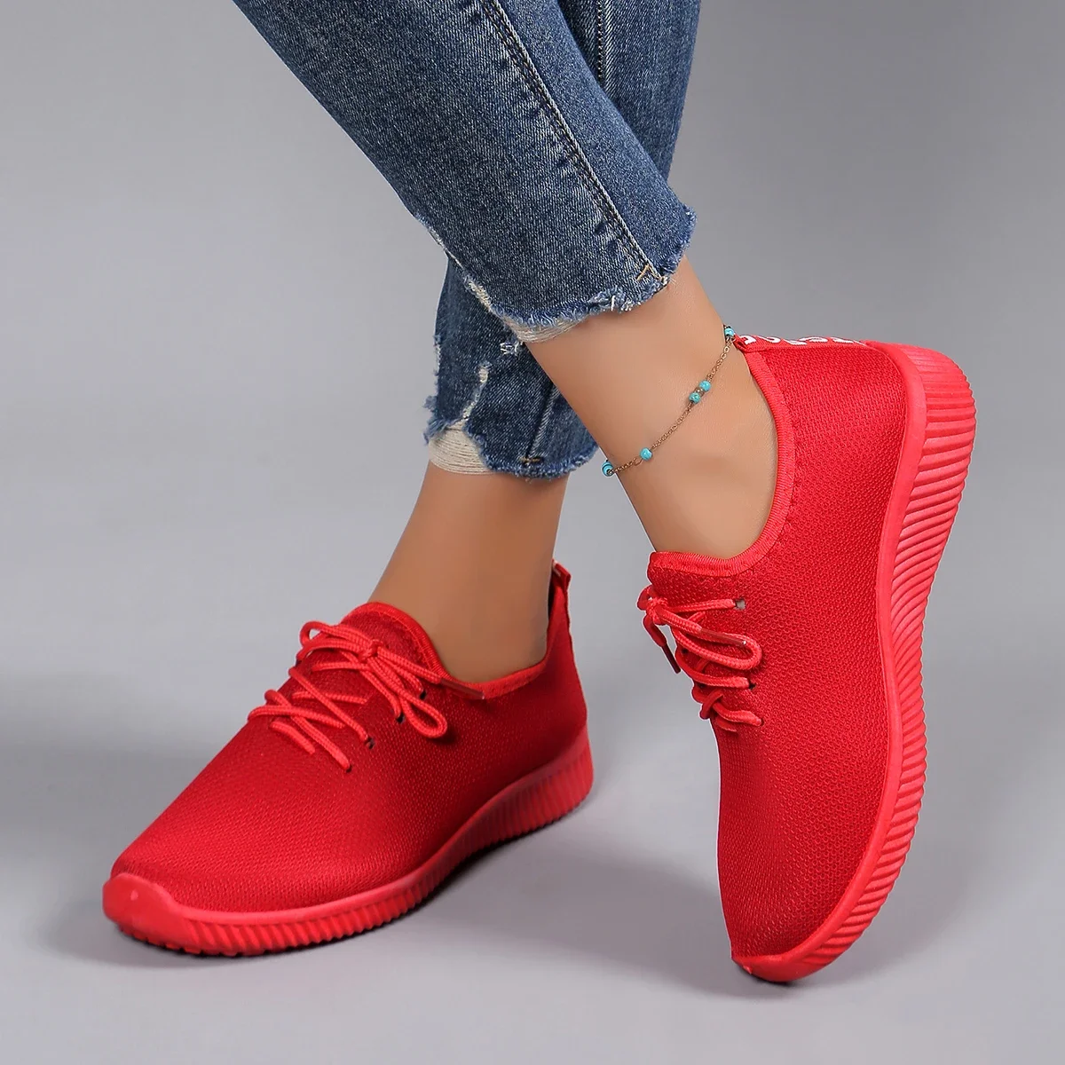 Zapatos planos de punta redonda para mujer, calzado informal de punto con cordones, talla grande, primavera y otoño