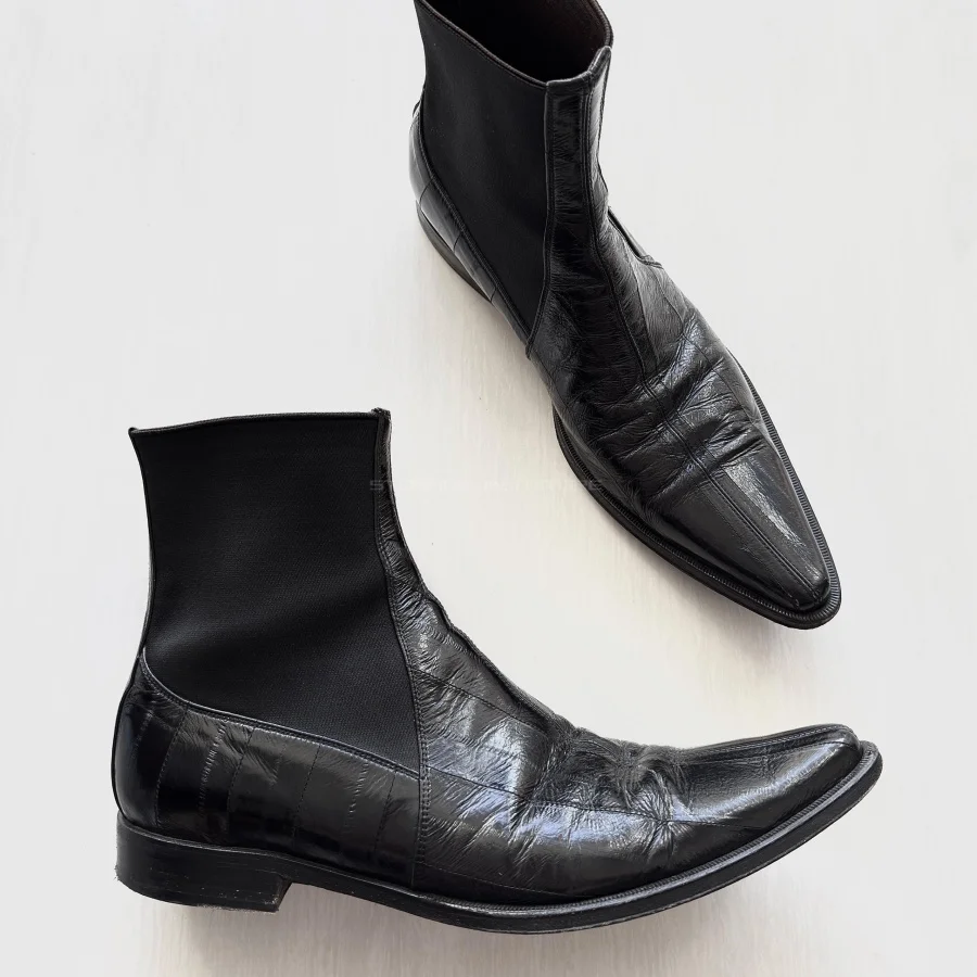 Men's Black Leather Eel Textured Pointed Toe Chelsea Boots Elegant Slip On Mid Thick Heel Ankle Dress Boots Plus Size 36-46