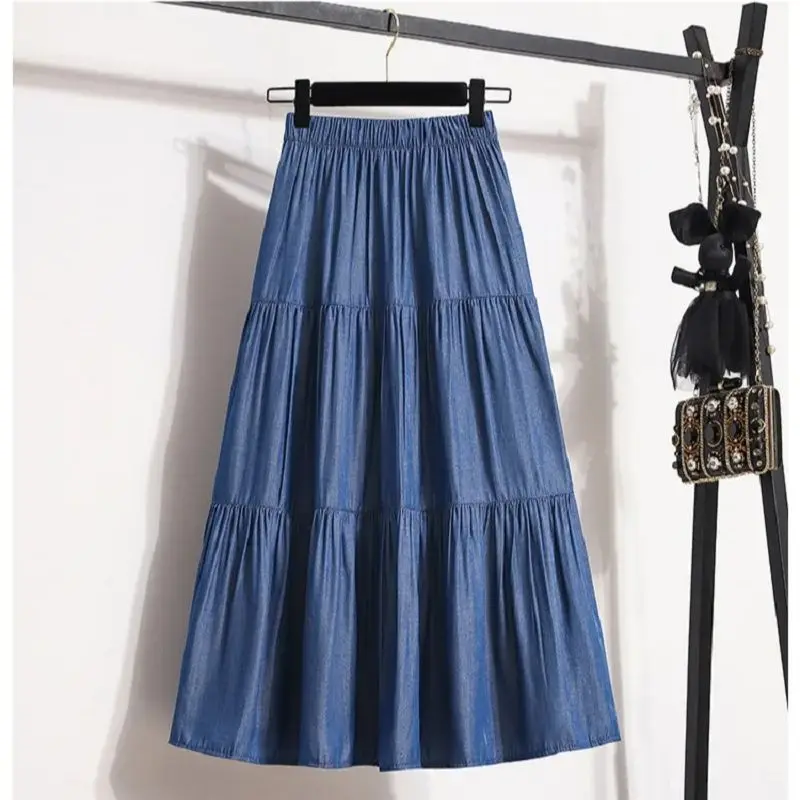 Women's Spring and Summer Ice Cool Denim Color Spliced A-line Skirt Female Elastic  Waist Tencel Big Swing Mid Long Thin Skirt