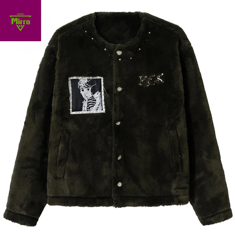 

Men Winter Plush Jackets Thicken Parkas Coat Vintage Patchwork Padded Jackets Streetwear Harajuku Hip Hop Jackets