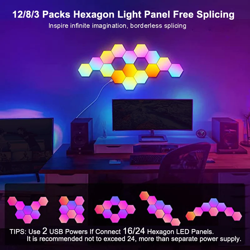 RGB LED Hexagon Light Bluetooth Indoor Wall Light APP Remote Control Night Light Computer Game Room Decoration Bedroom Bedside