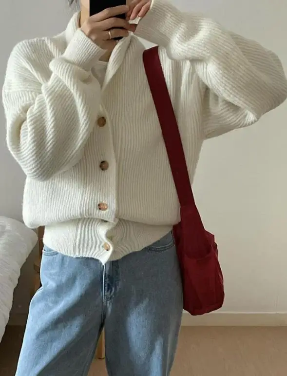 

Осенне-зимний однотонный повседневный простой однобортный вязаный свитер с лацканами для женщин, повседневный универсальный вязаный свитер